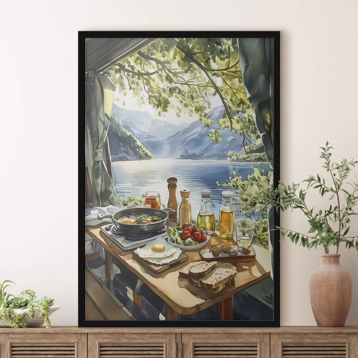 Poster Bella mattina d'estate, lago, stile acquerello, colazione, viaggio f42433
