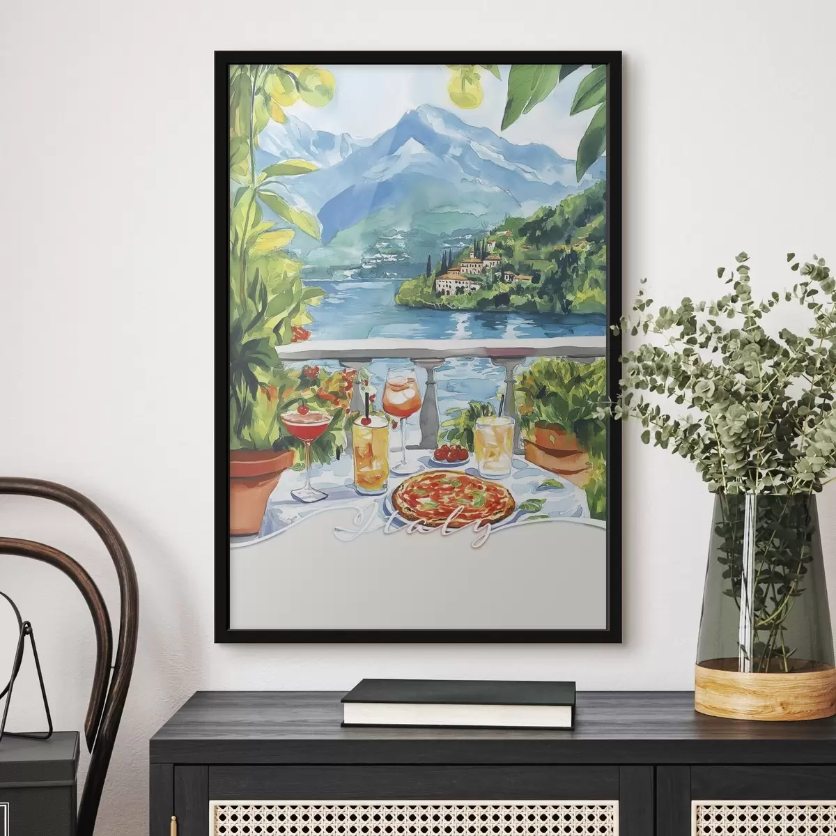 Poster Italia estetica, stile acquerello, pizza e cocktail, montagne f42434