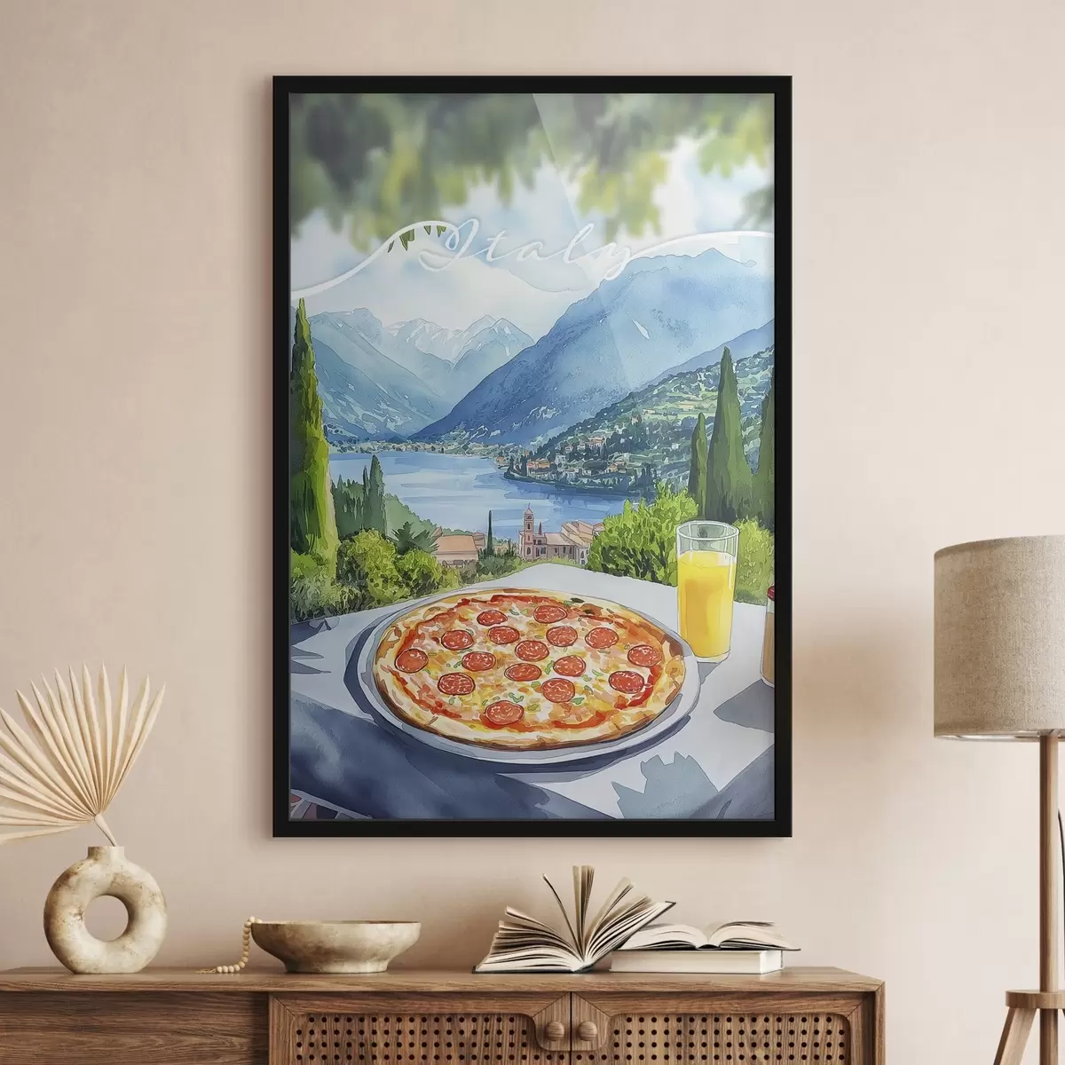 Poster Stile acquerello, Italia, pizza, città vecchia, paesaggio montano f42435