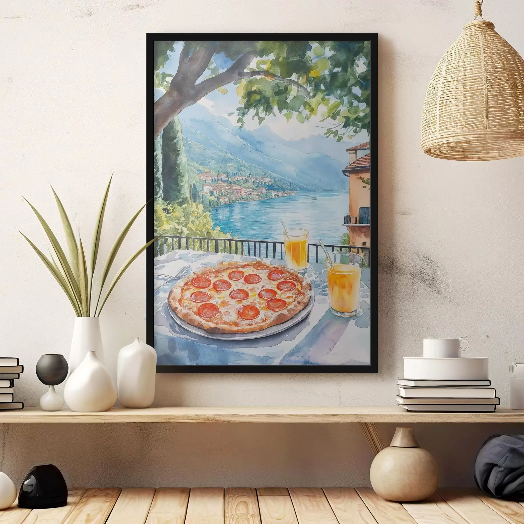 carta da parati Brunch in Italia, stile acquerello, pizza margarita, lago, natura estiva nr. f42436