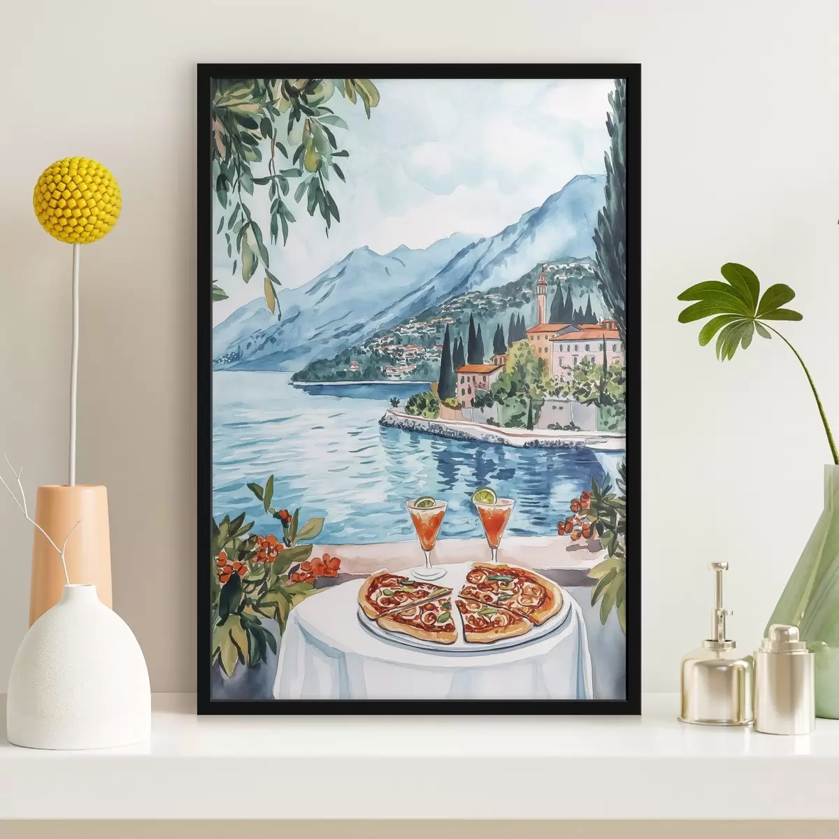 Poster Lago di Como, Italia, stile acquerello, pizza, cocktail, città vecchia, montagne f42437