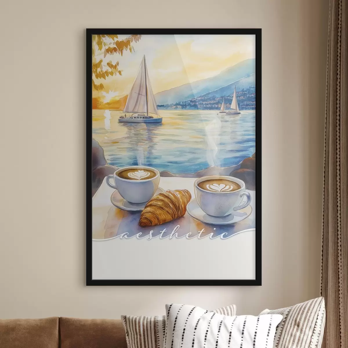 Poster Due tazze di cappuccino, stile acquerello, tramonto in mare, barche a vela, vocazione f42438
