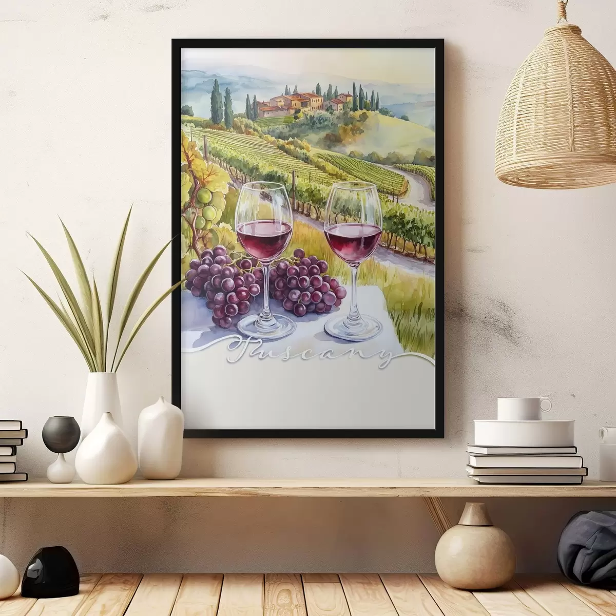 Poster Paesaggi della Toscana, stile acquerello, bicchieri di vino, uva, tramonto f42439