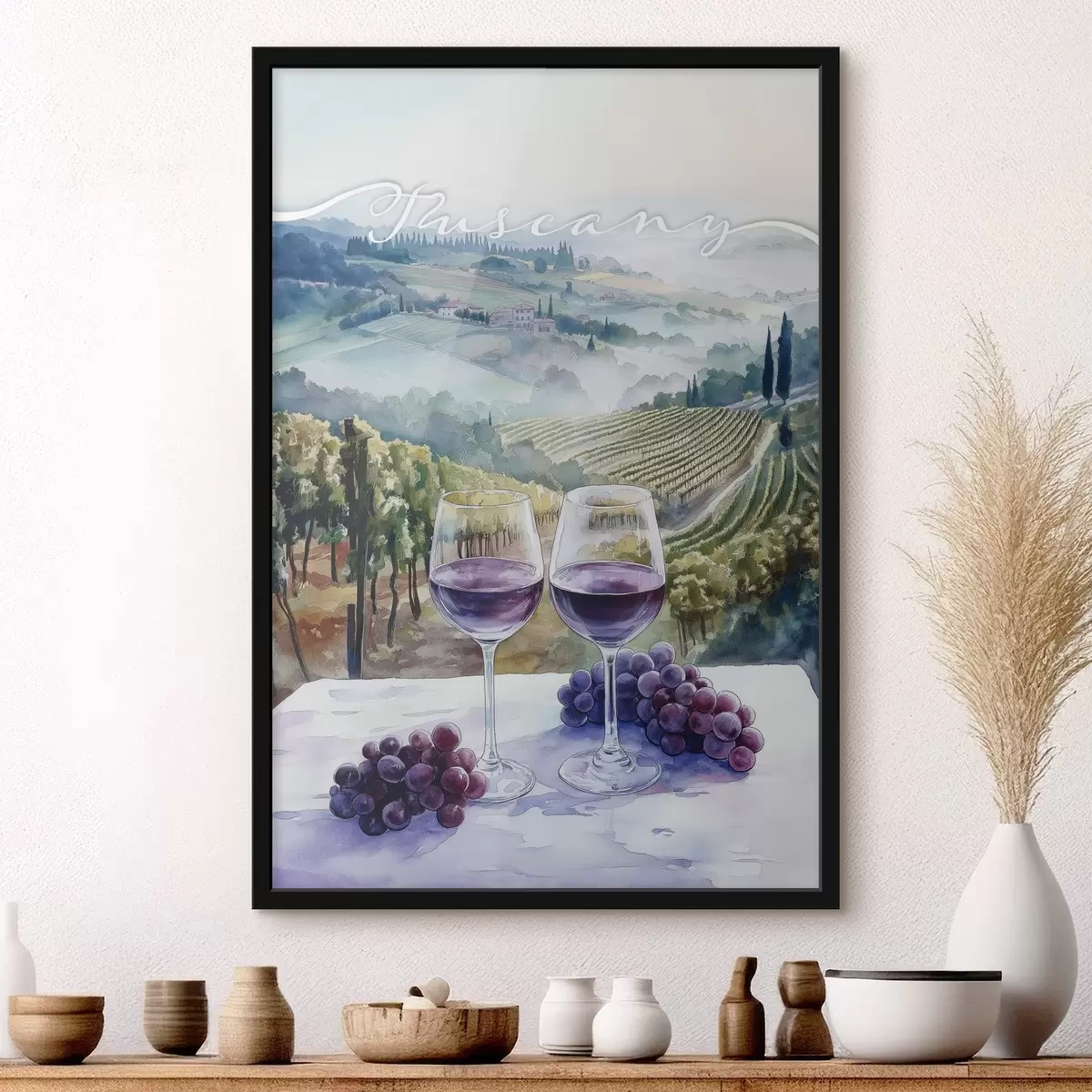 Poster Paesaggi toscani in stile acquerello, cantieri del vino, uva f42440