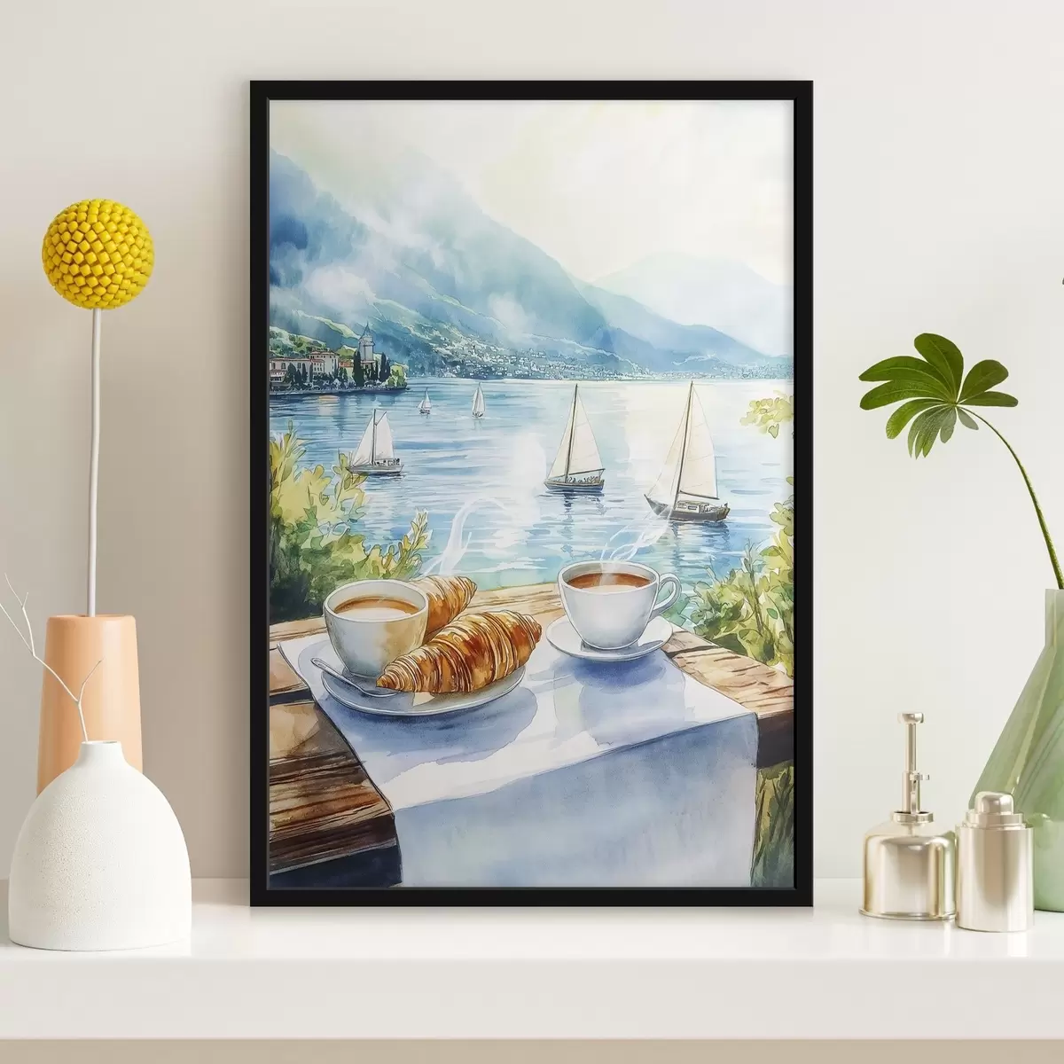 Poster Lago estivo con barche a vela, tazze di caffè, croissant, stile acquerello f42441