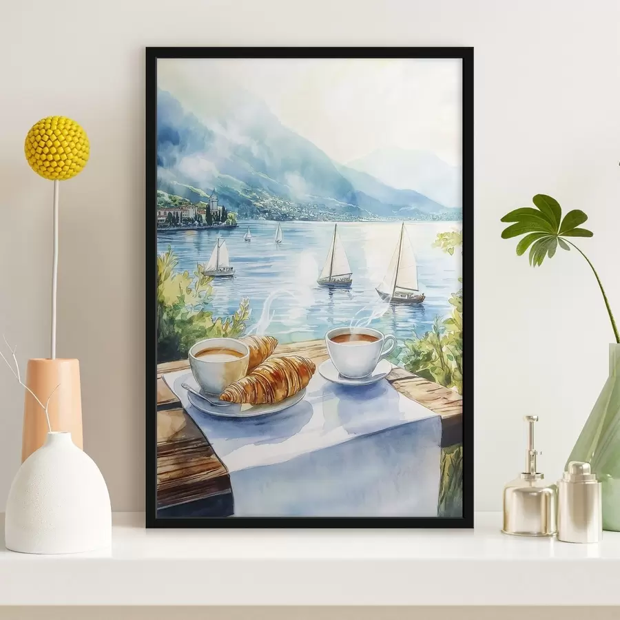 carta da parati Lago estivo con barche a vela, tazze di caffè, croissant, stile acquerello nr. f42441