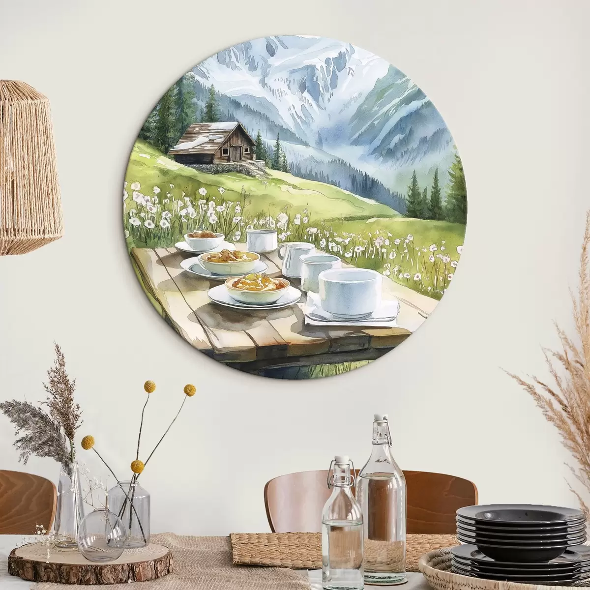 Quadri rotondi Colazione nelle Alpi, montagne, bosco, natura, estate, acquerello r42426