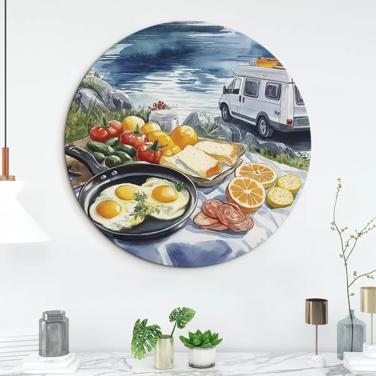 Quadri rotondi Viaggi, vita all'aria aperta, stile acquerello, Norvegia, colazione r42430