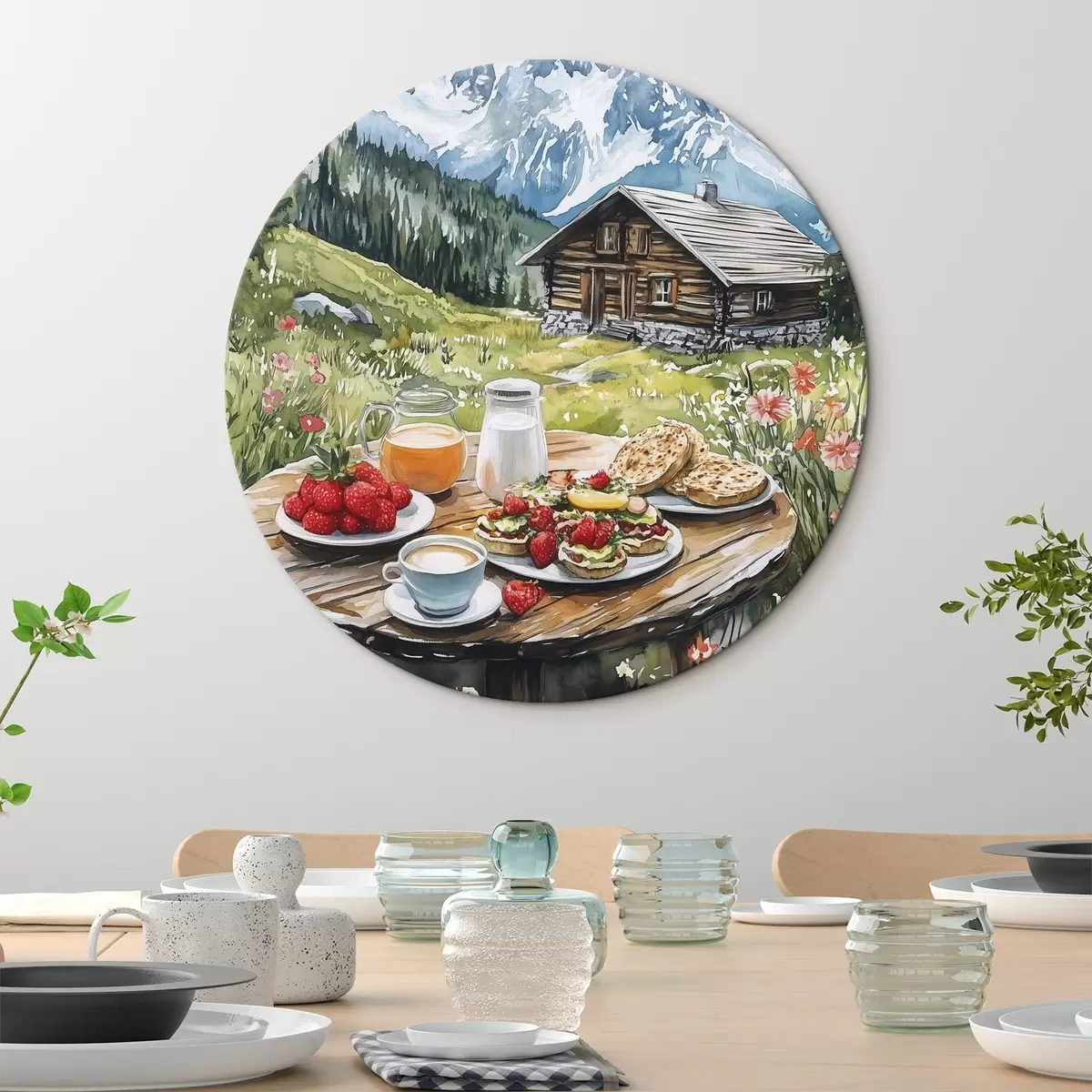 Quadri rotondi Bellissimi paesaggi estivi con montagne, boschi e fiori, colazione, stile acquerello r42427
