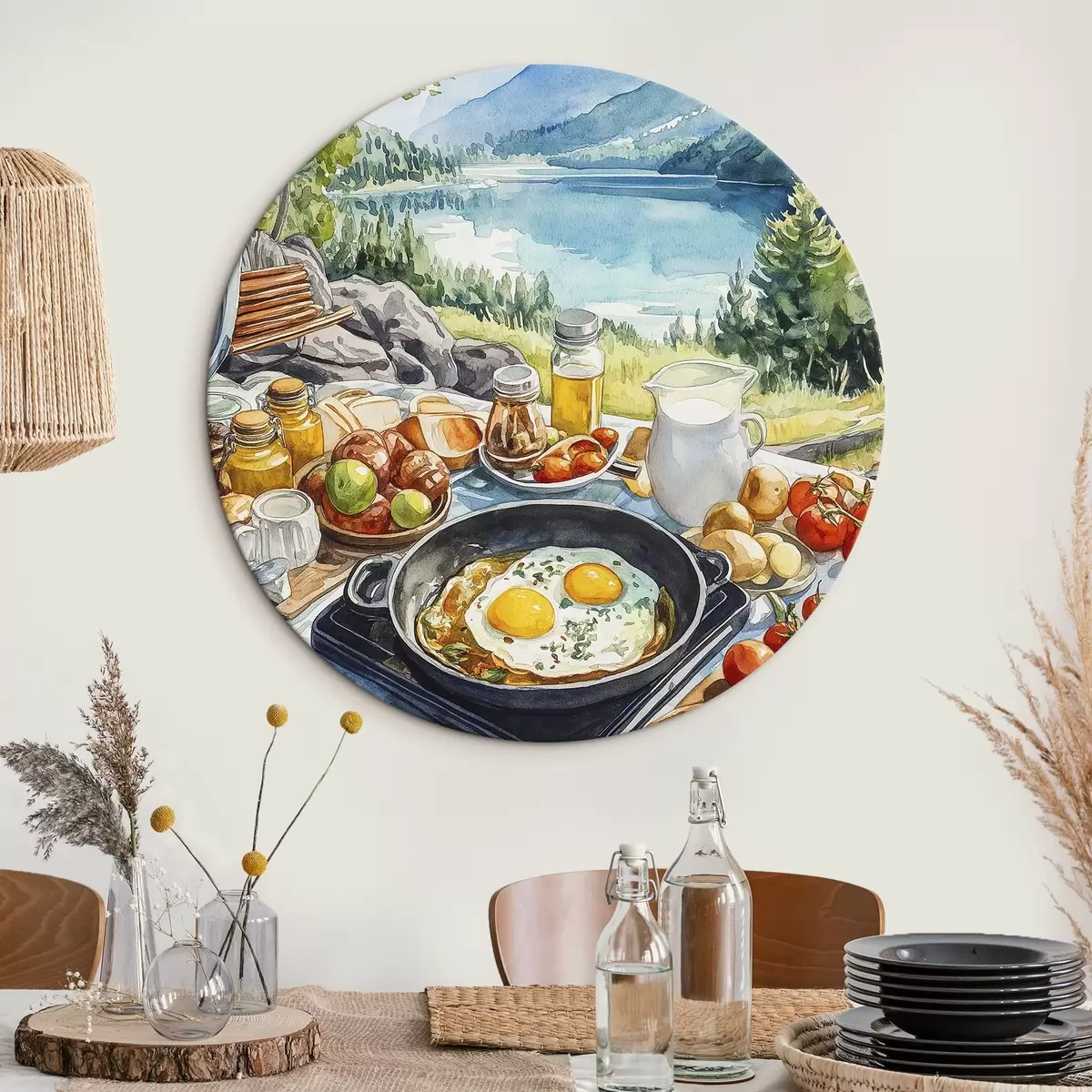 Quadri rotondi Colazione estetica vicino al lago, stile acquerello r42432