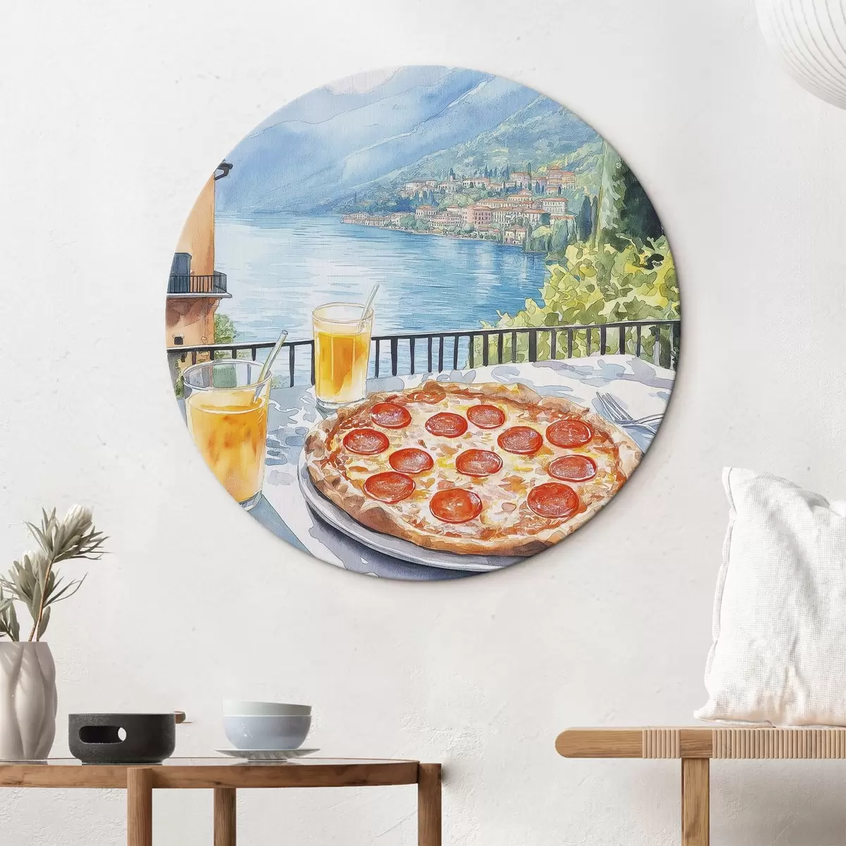 Quadri rotondi Brunch in Italia, stile acquerello, pizza margarita, lago, natura estiva r42436