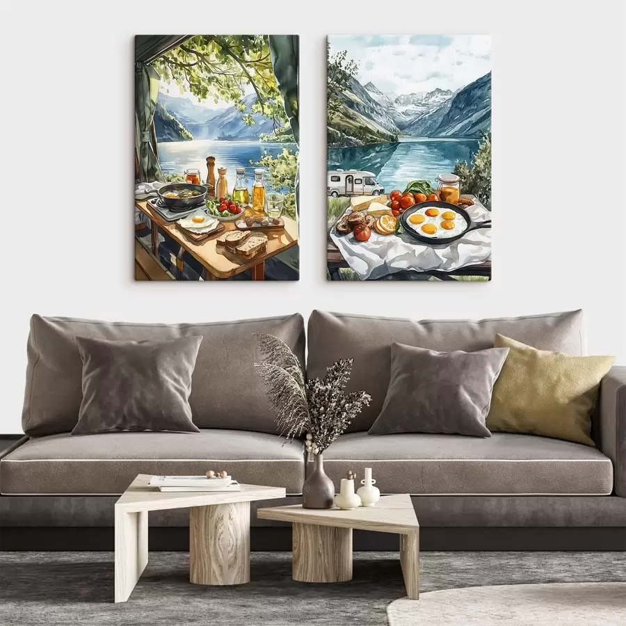 carta da parati Campeggio, colazione estetica vicino al lago, stile acquerello nr. m00405