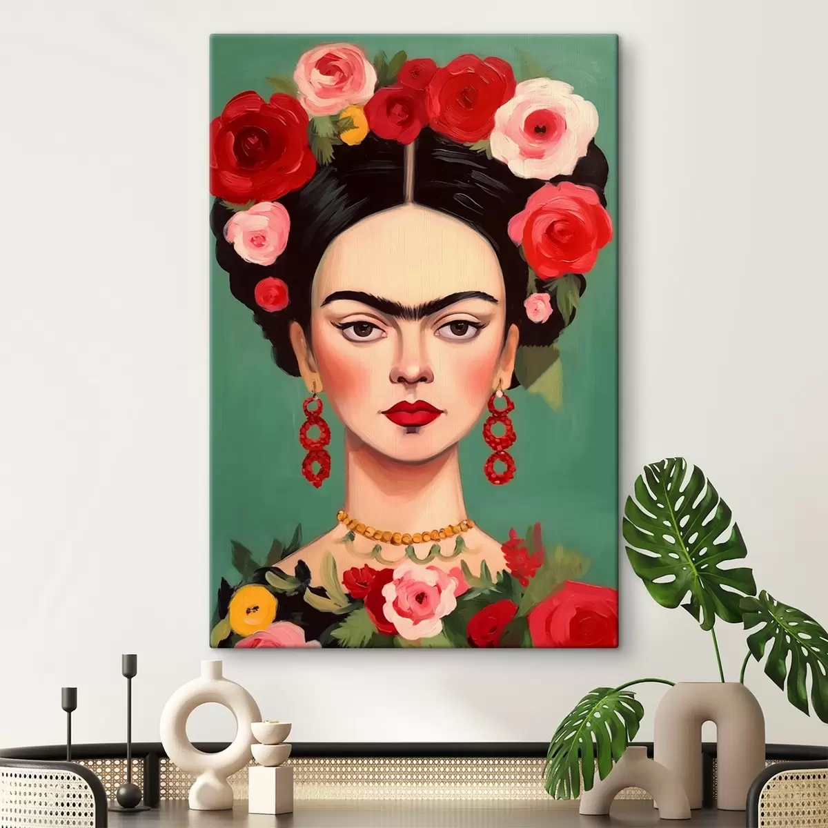 carta da parati Ritratto di Frida con corona di fiori su sfondo verde nr. s42485