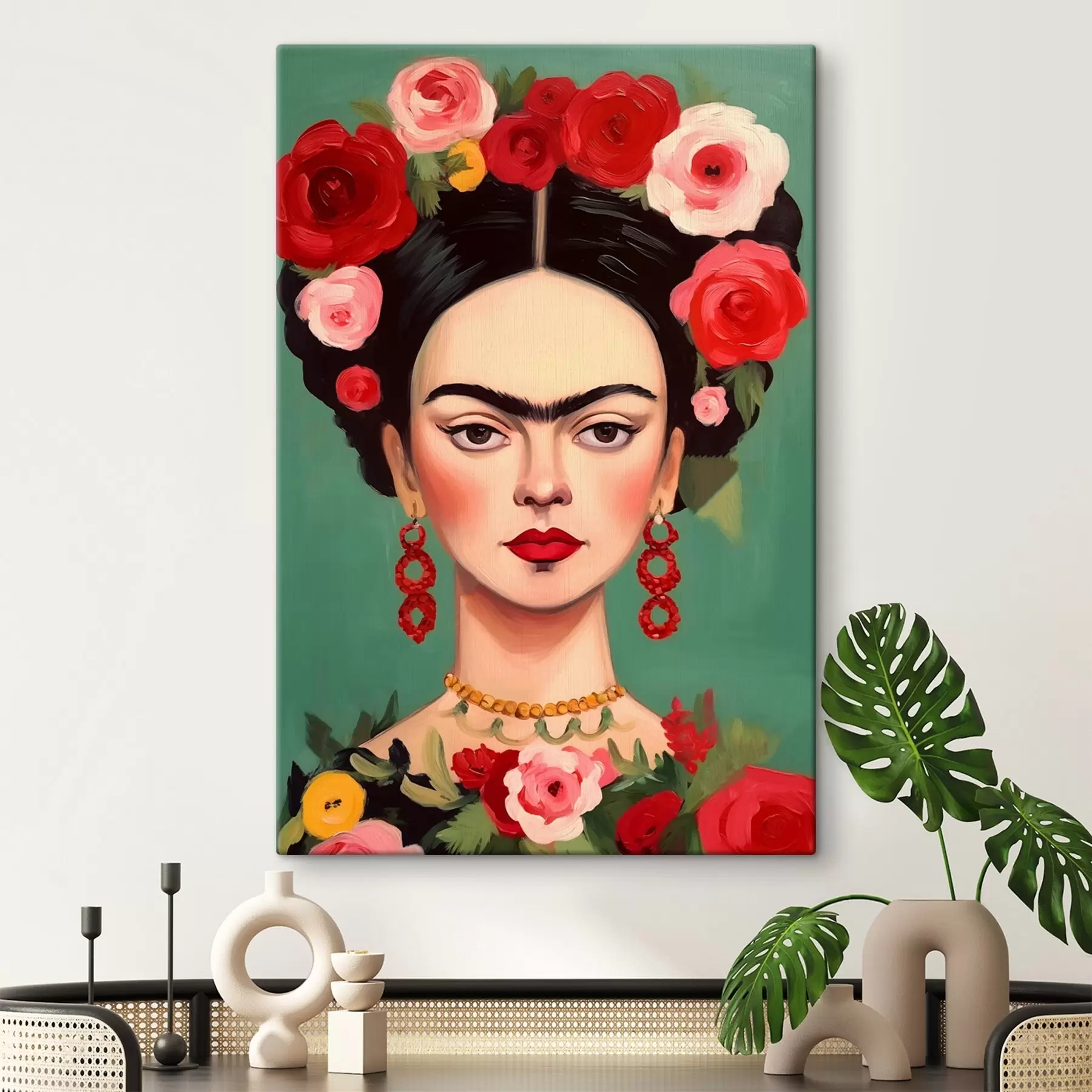 carta da parati Ritratto di Frida con corona di fiori su sfondo verde nr. s42485