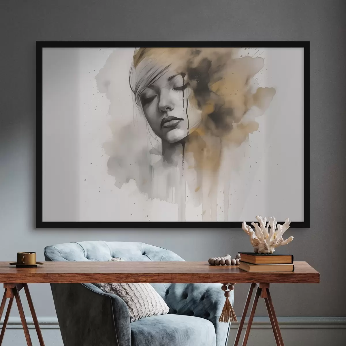 Poster Ritratto di ragazza in tecnica acquerello con ombre astratte f42474