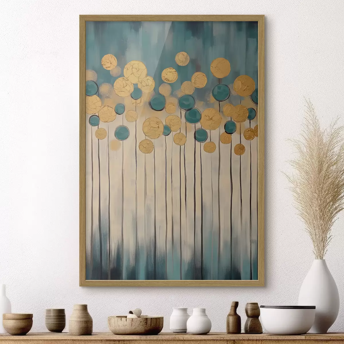 Poster Astrazione decorativa con elementi rotondi su sfondo blu e beige f42476