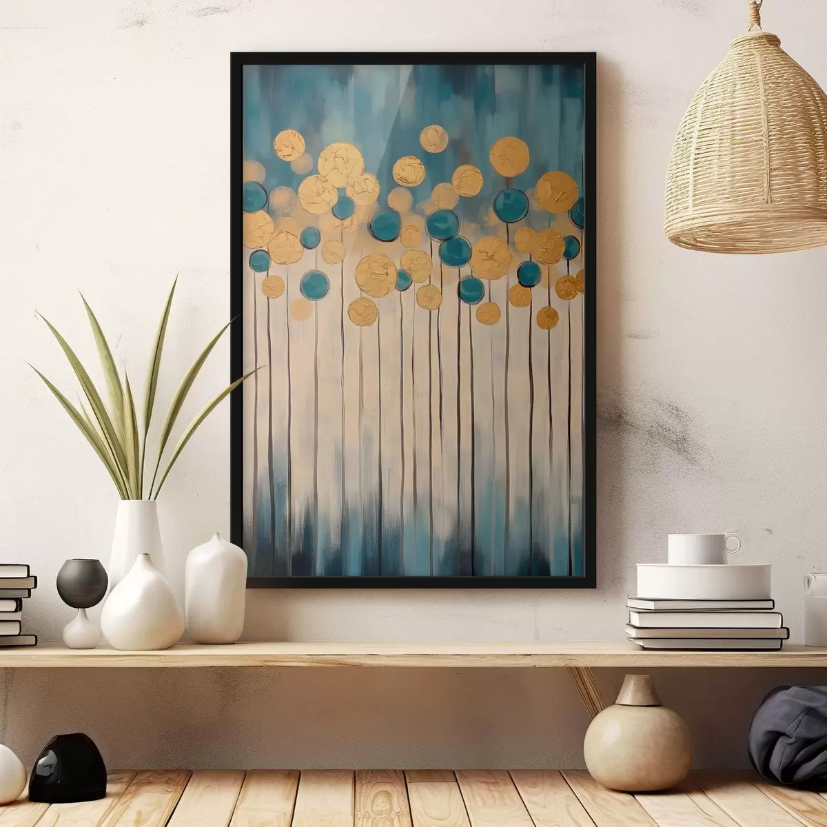 Poster Astrazione decorativa con elementi rotondi su sfondo blu e beige f42476