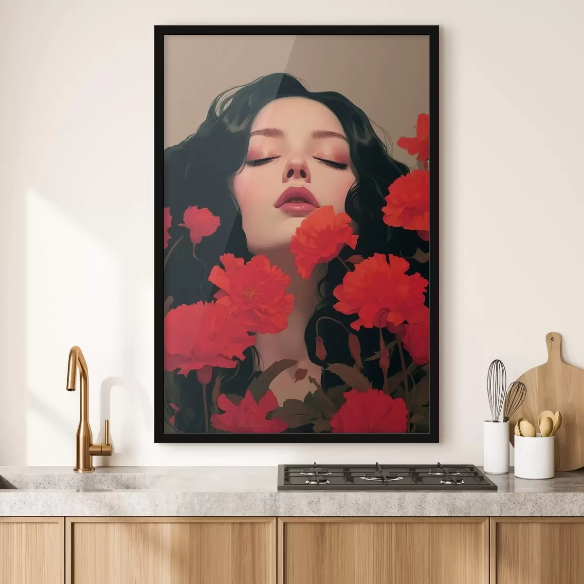 Poster Ritratto femminile tra fiori rossi f42478