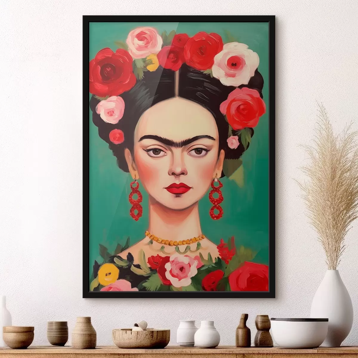 Poster Ritratto di Frida con corona di fiori su sfondo verde f42485