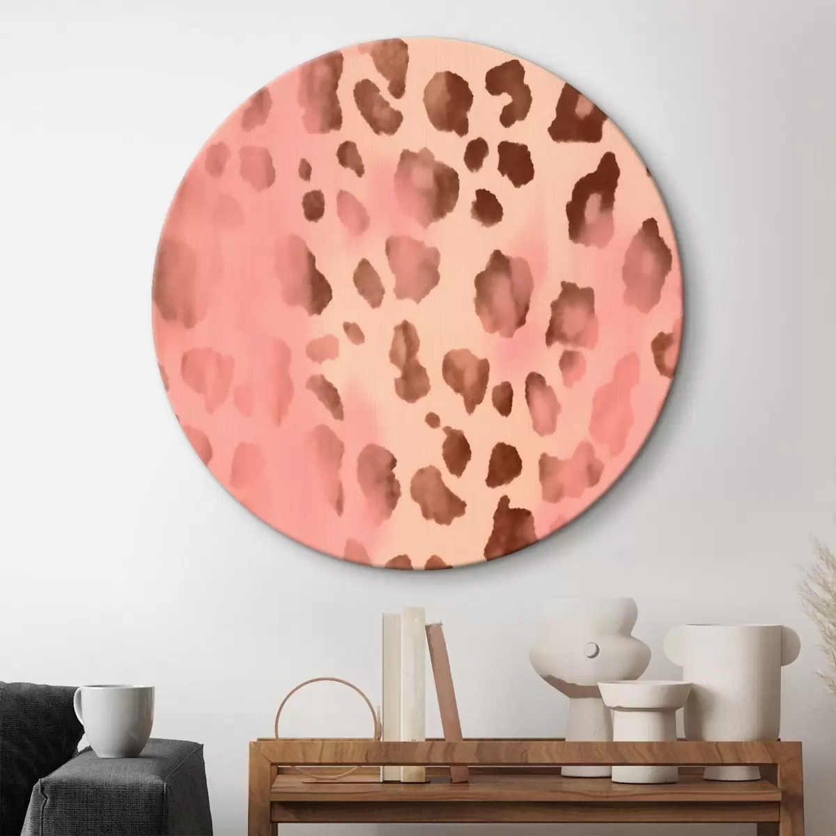 Quadri rotondi Motivo astratto con stampa leopardata su sfondo rosa r42490