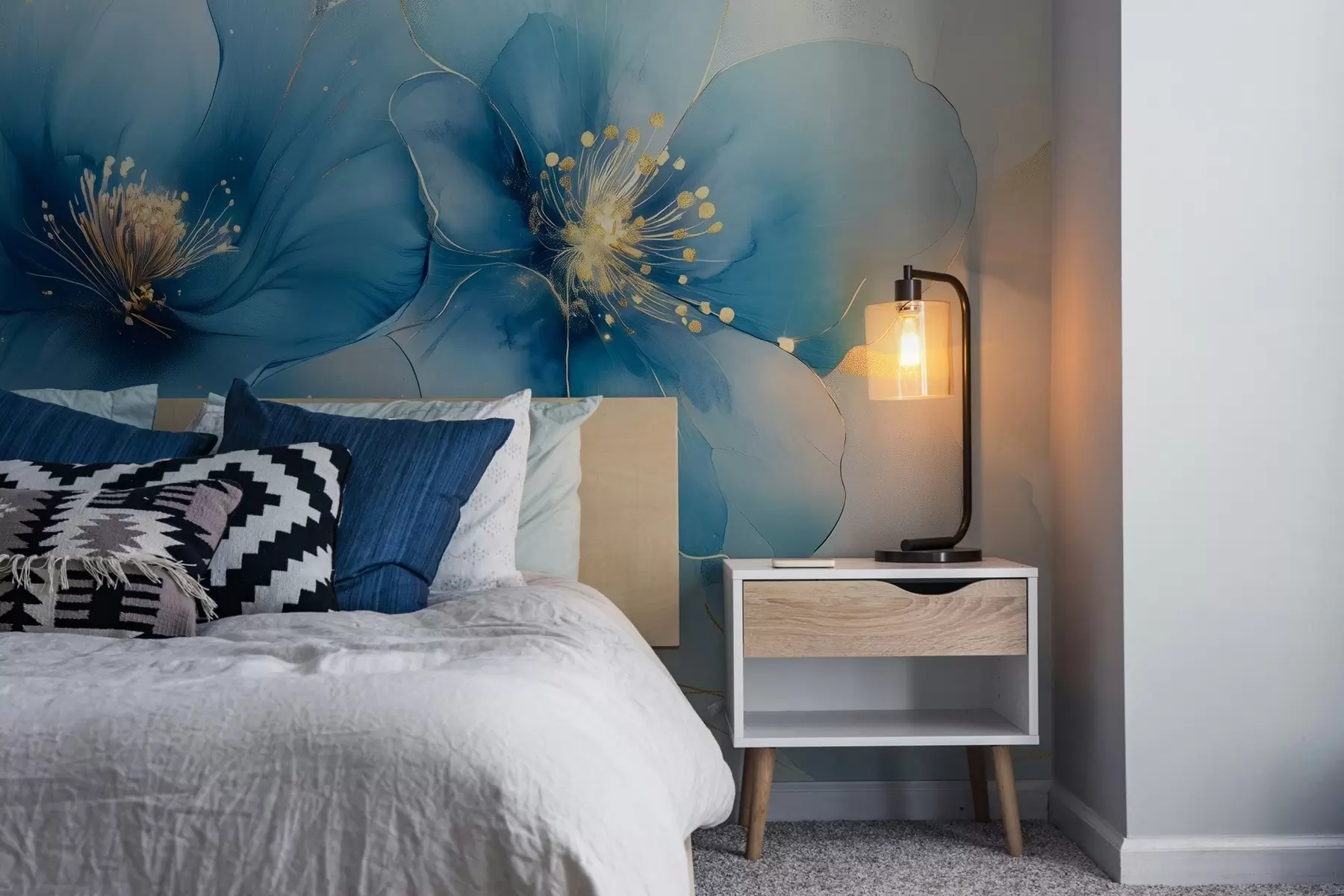 carta da parati Sognante dipinto floreale con grandi e delicati fiori blu nr. w02769