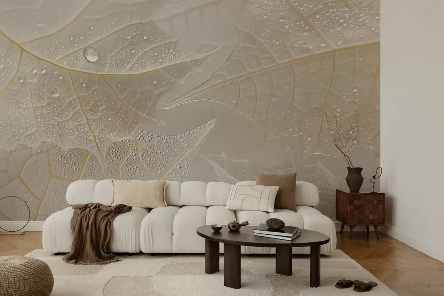 carta da parati Primo piano di foglie con venature e gocce di rugiada nei toni del beige nr. w02872