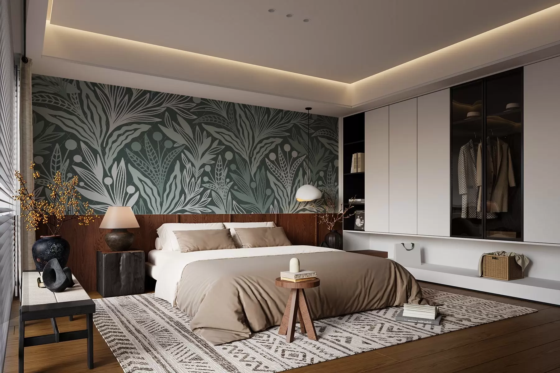 Carta da parati nature Delicate foglie grafiche con finiture verdi 