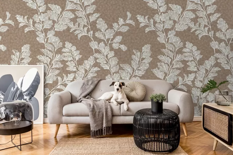 Carta da parati nature Delicati rami su una finitura beige scuro 