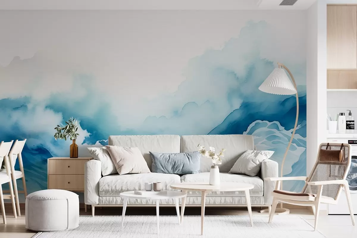 carta da parati Onde dell'oceano in stile acquerello nei toni del blu nr. w08655