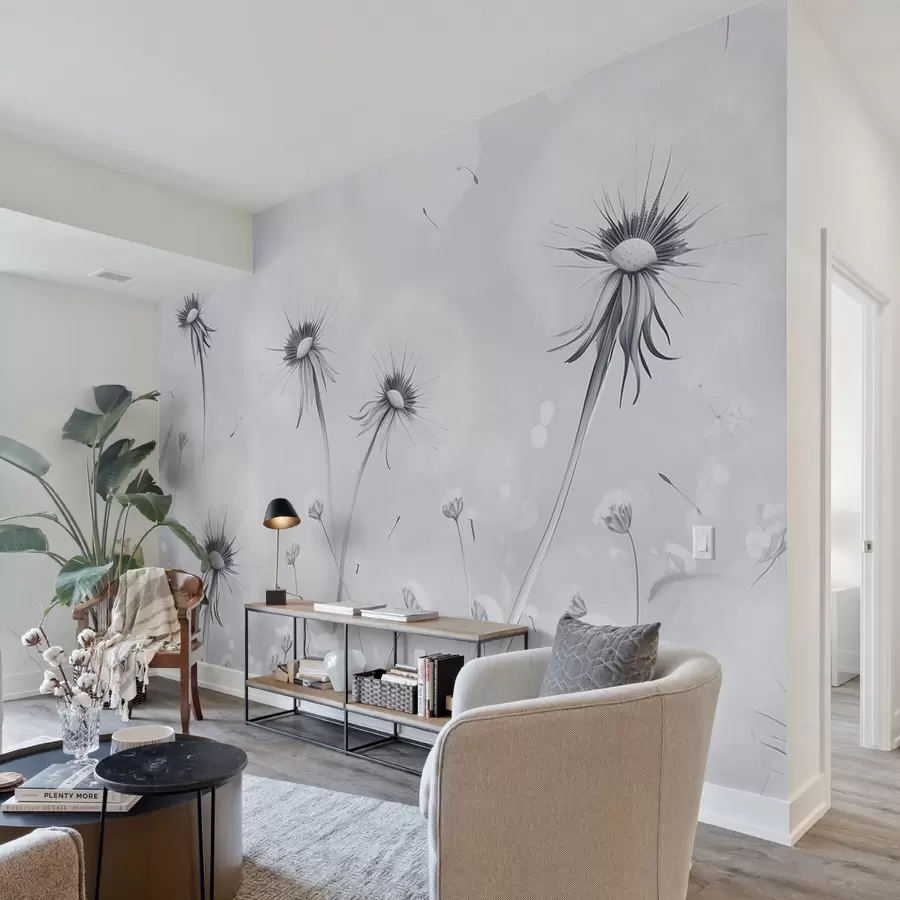 Carta da parati Floreale Eleganti denti di leone e fiori di campo in stile pittorico nei toni del blu n. w08657v2