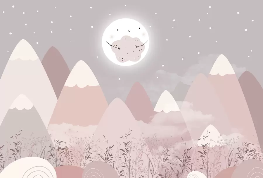 Carta da parati per Bambini Montagne per bambini con una simpatica luna e piante in basso 