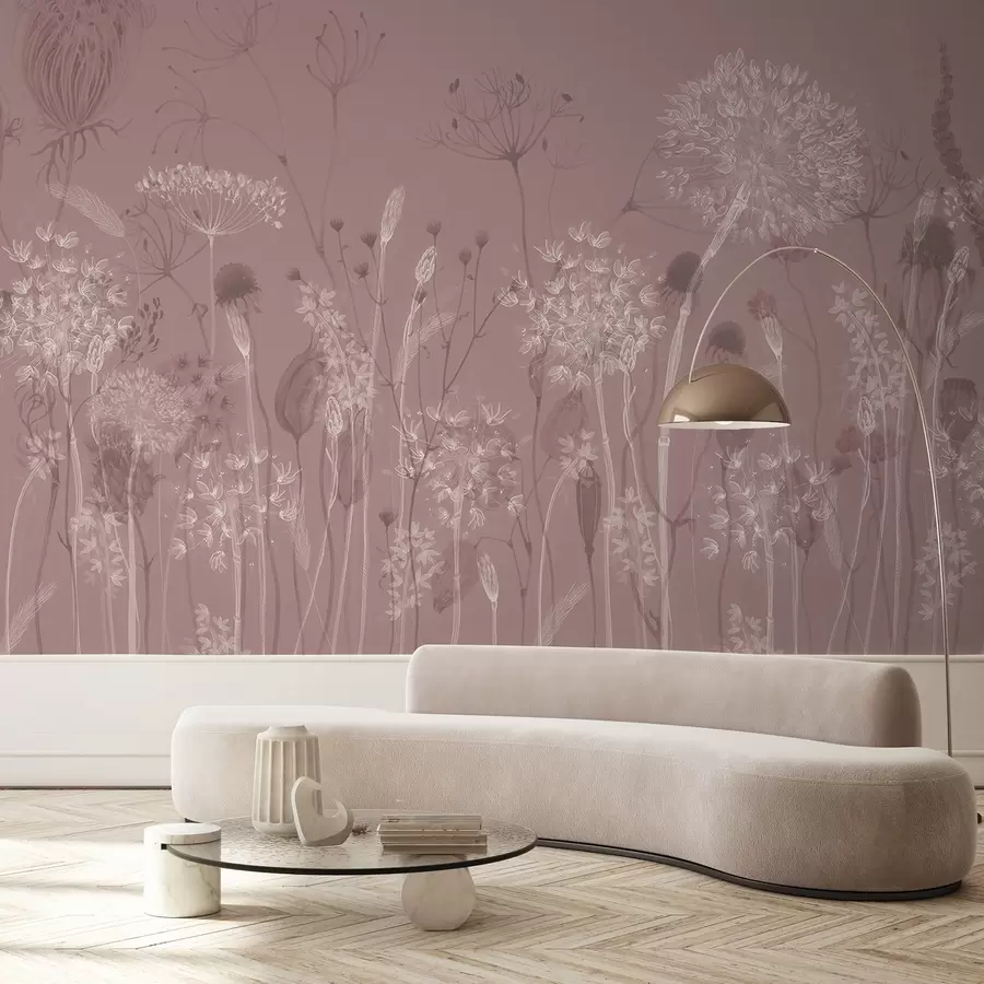 Carta da parati Floreale Dente di leone e fiori di campo in stile acquerello, nei toni del rosa n. w08637v1