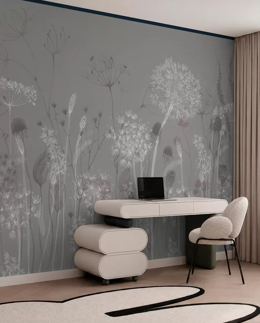 Carta da parati Fiori grandi Dente di leone e fiori di campo in stile acquerello nei toni del grigio-blu n. w08637v3