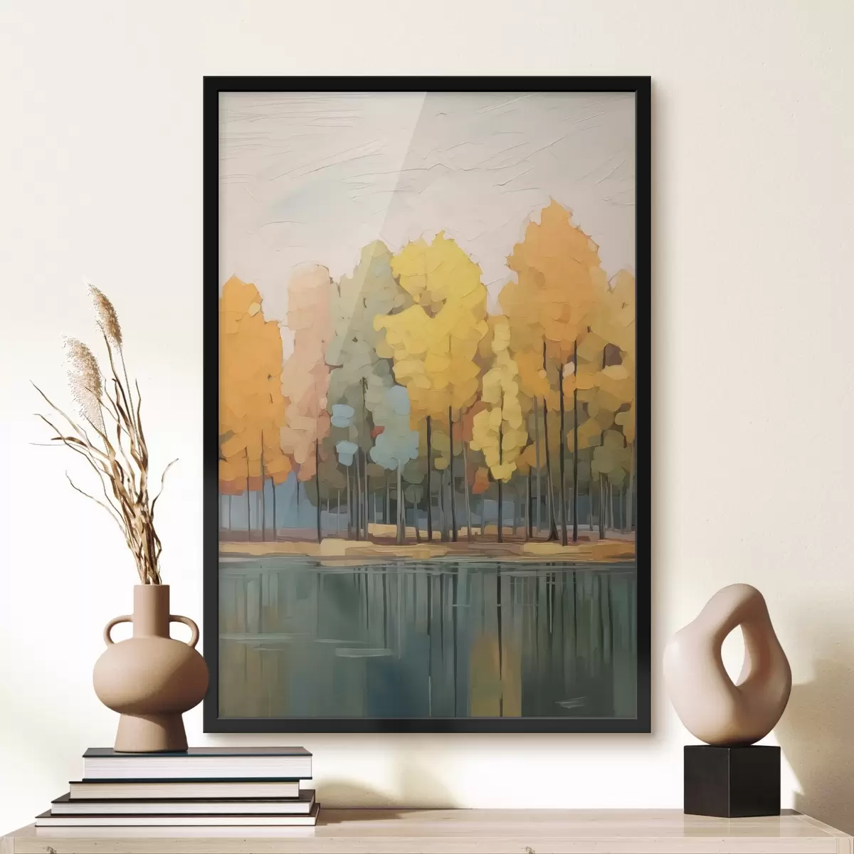 Poster Boschetto autunnale presso lo stagno imitazione della pittura f42586