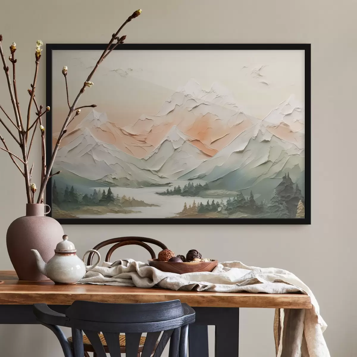 Poster Montagne in riva al fiume, imitazione di pennellate f42589