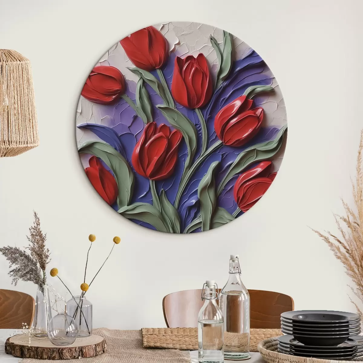 Quadri rotondi Tulipani rossi su pennellate di imitazione viola r42584