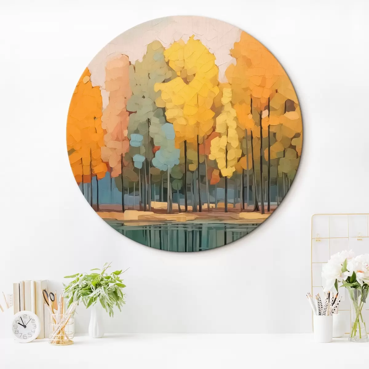 Quadri rotondi Boschetto autunnale presso lo stagno imitazione della pittura r42586