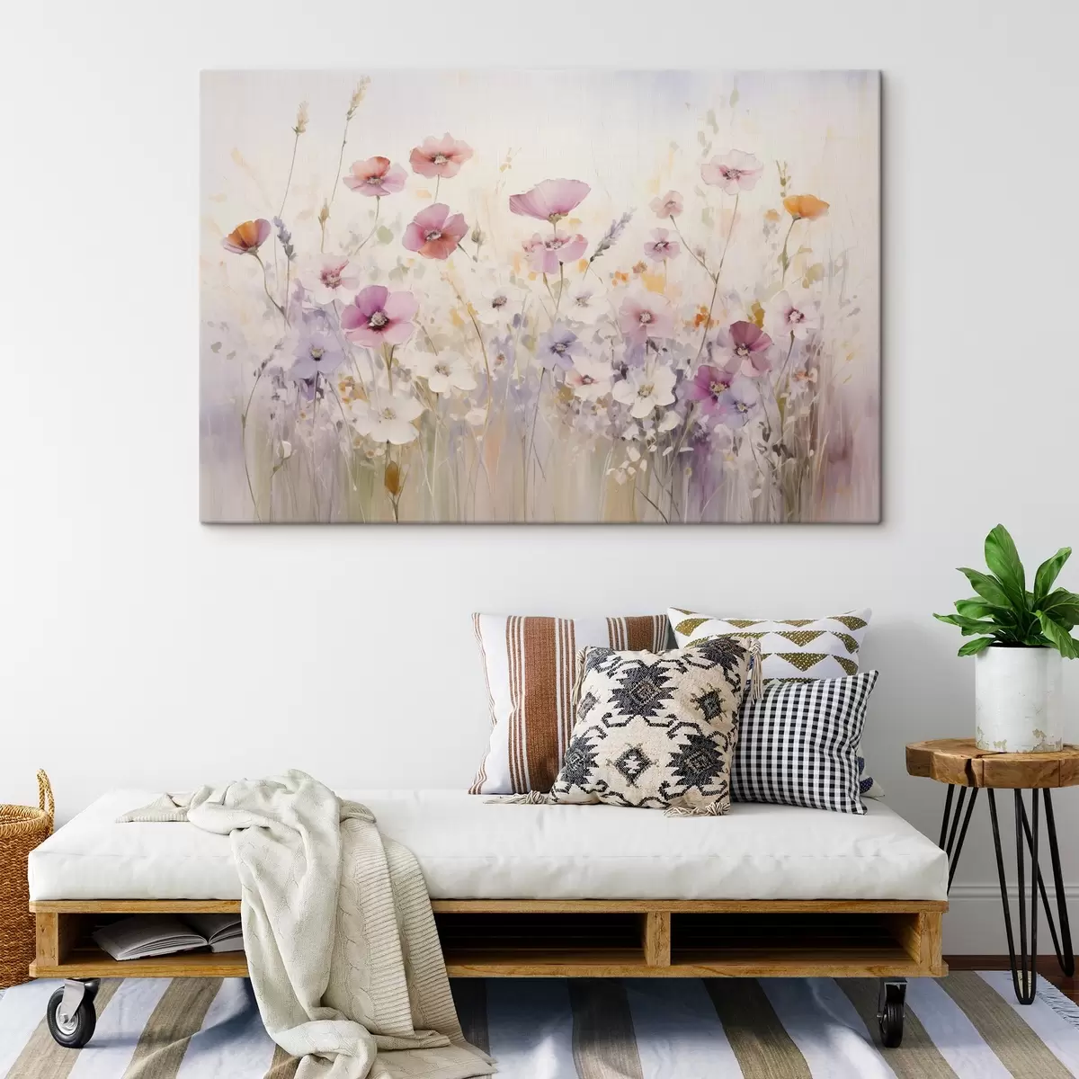 carta da parati Un prato con fiori acquerellati in delicate tonalità rosa, viola e bianche, che creano un'atmosfera di leggerezza e armonia. nr. s42557