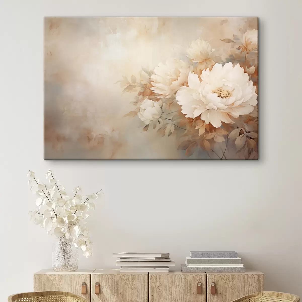 carta da parati Delicate peonie in tonalità crema pastello su uno sfondo sfocato, che crea un'atmosfera morbida e romantica. nr. s42558