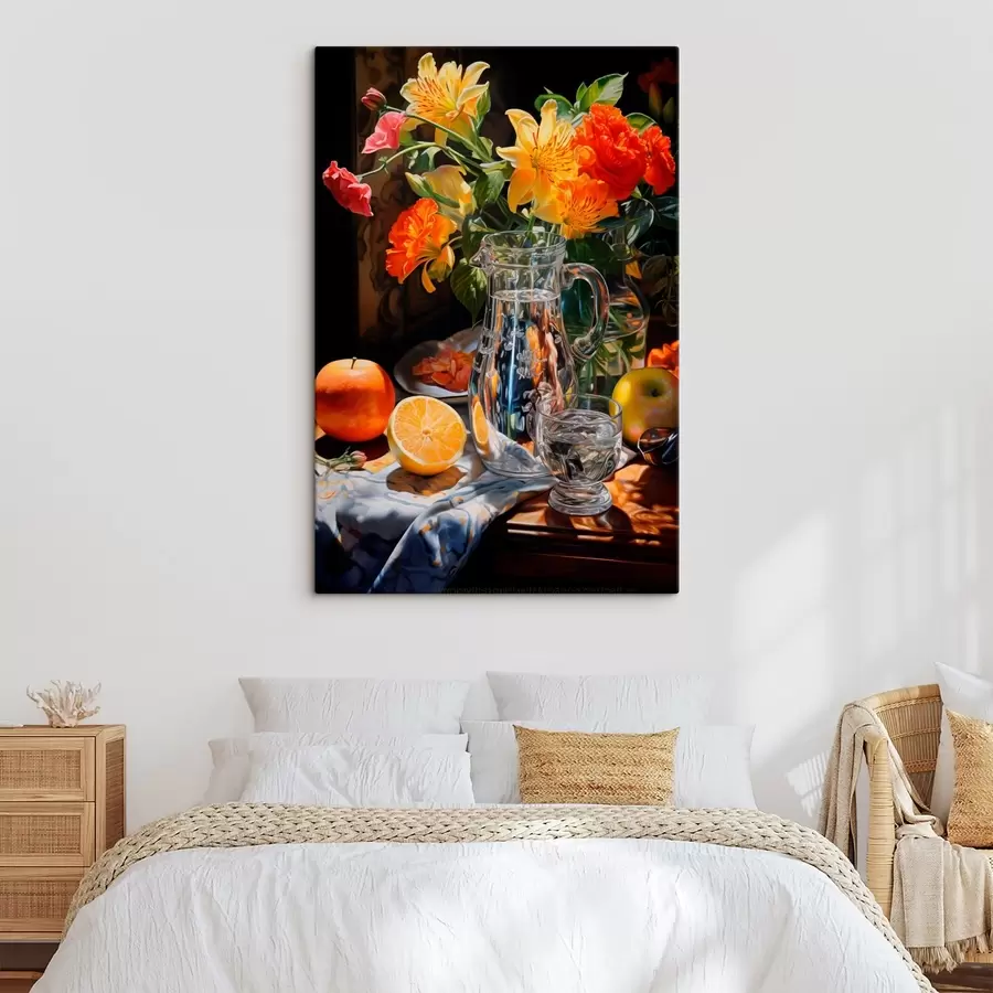 carta da parati Una natura morta con un bouquet di fiori vivaci nei toni del giallo e del rosso, una brocca di vetro, agrumi e mele su un tavolo illuminato. nr. s42560