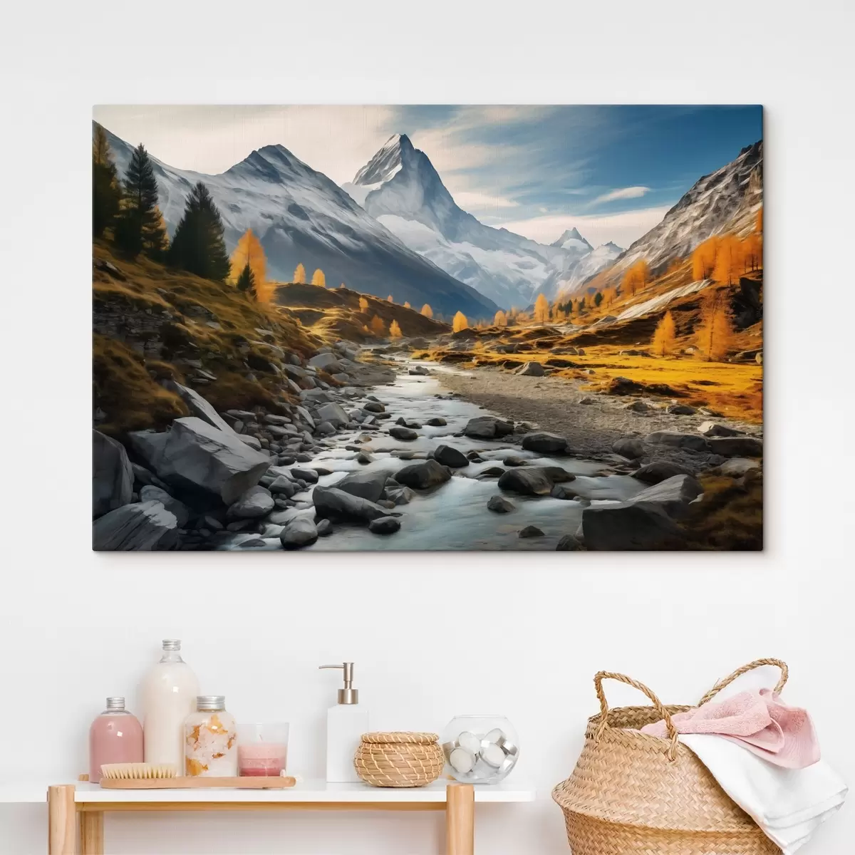 carta da parati Un paesaggio montano autunnale con un fiume impetuoso, alberi dorati e una vetta maestosa in un cielo luminoso. nr. s42564