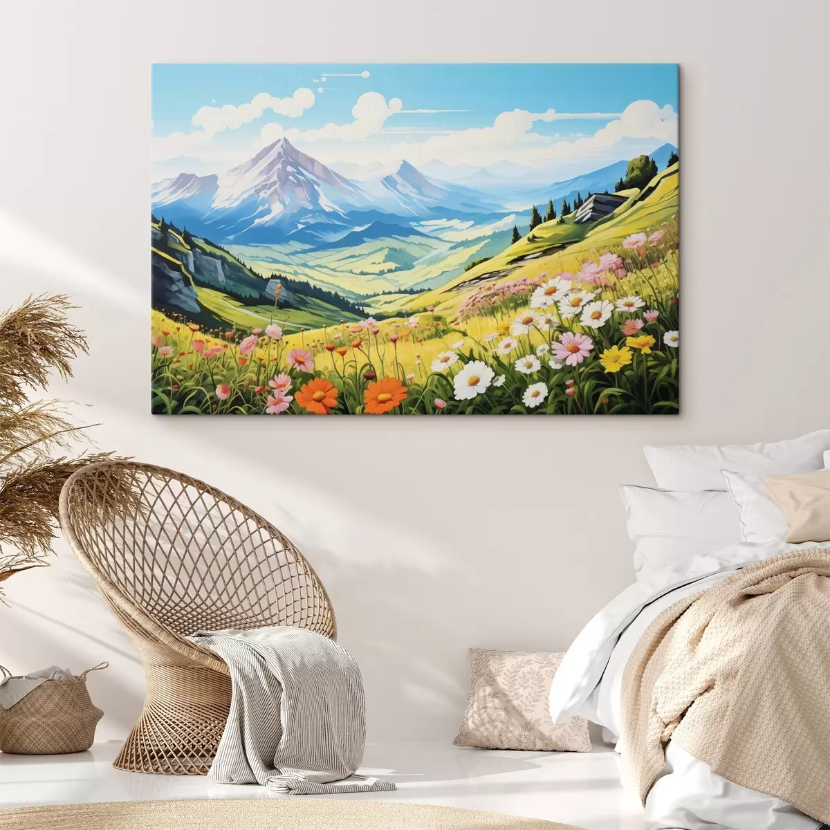 carta da parati Un vivace paesaggio montano con prati in fiore, colline verdi e cime maestose sotto un cielo azzurro e limpido. nr. s42565