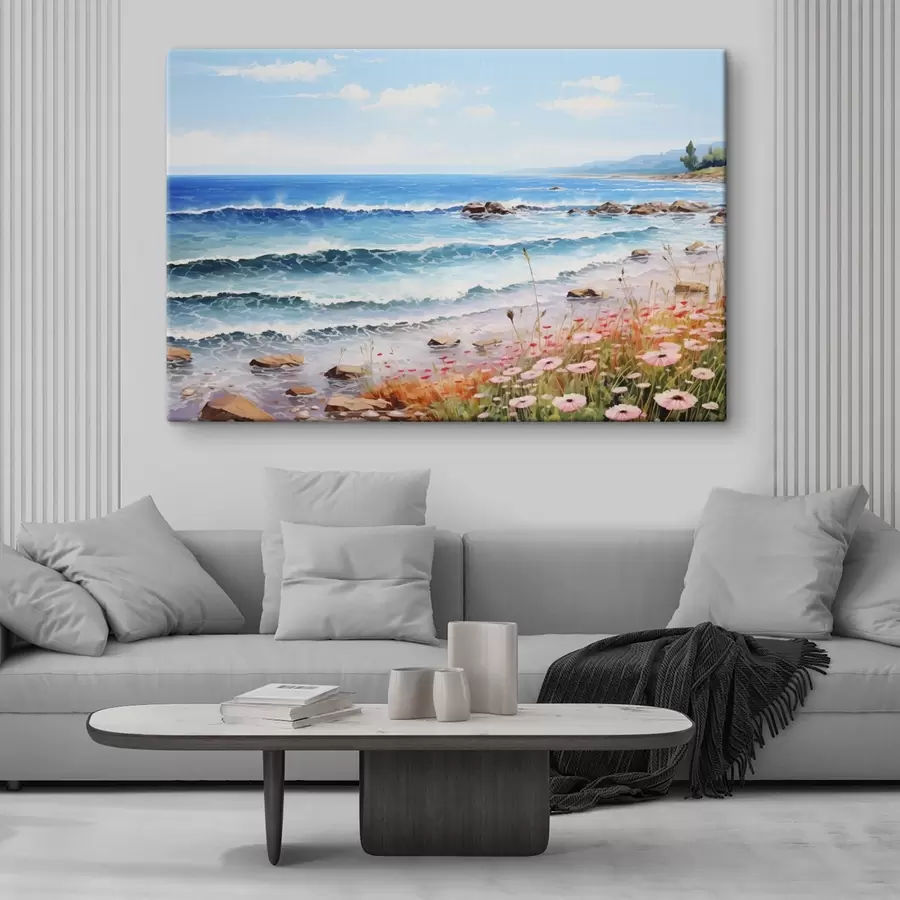 carta da parati Una vista sul mare con onde turchesi, una spiaggia di ciottoli e delicati fiori rosa in primo piano sotto un cielo luminoso. nr. s42569
