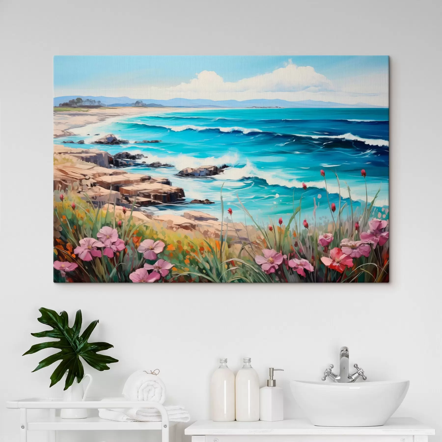 carta da parati Un paesaggio marino con onde turchesi, una riva rocciosa e fiori luminosi in primo piano sotto un cielo azzurro e limpido. nr. s42568