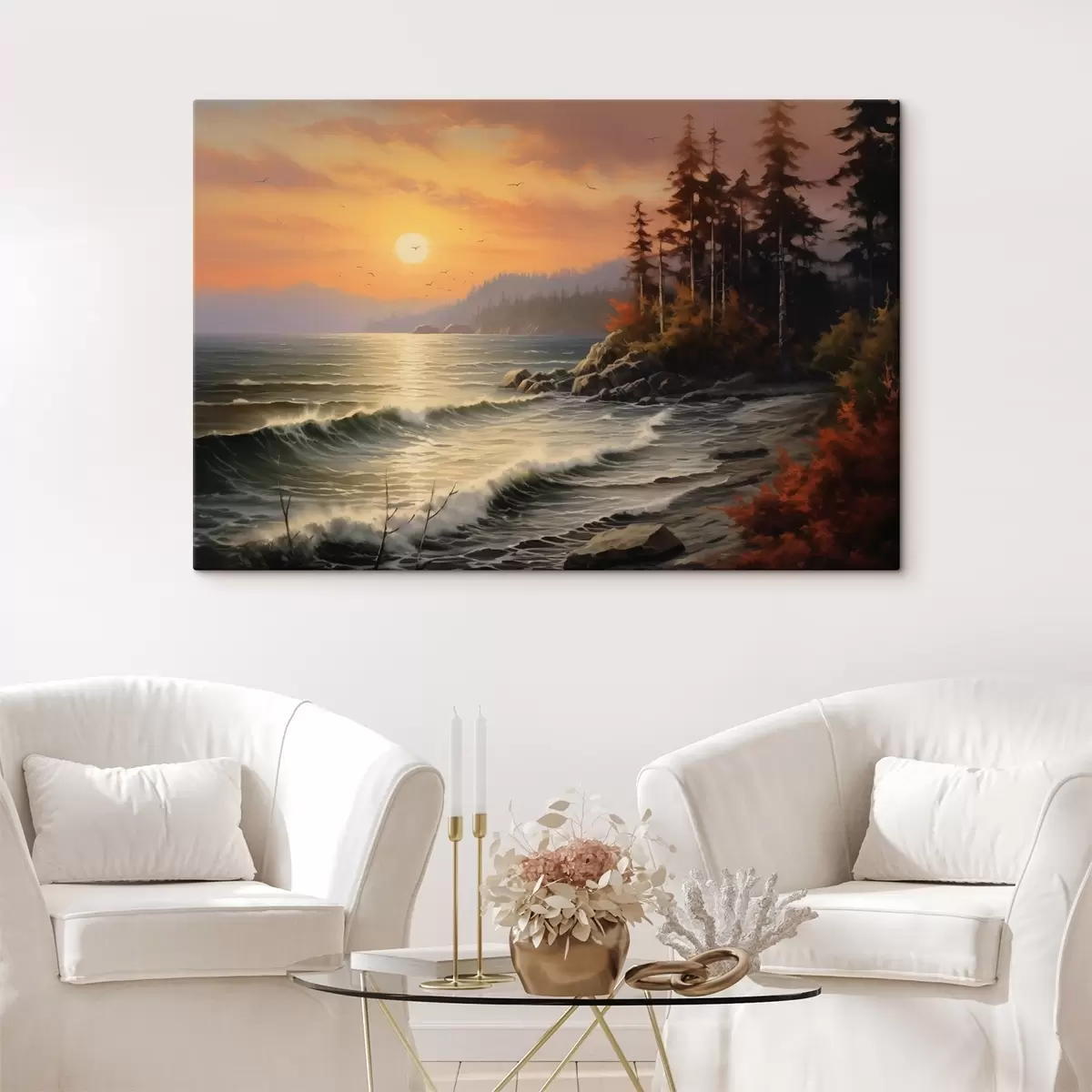 carta da parati Tramonto sul mare con onde, pineta e colori autunnali in primo piano. nr. s42571