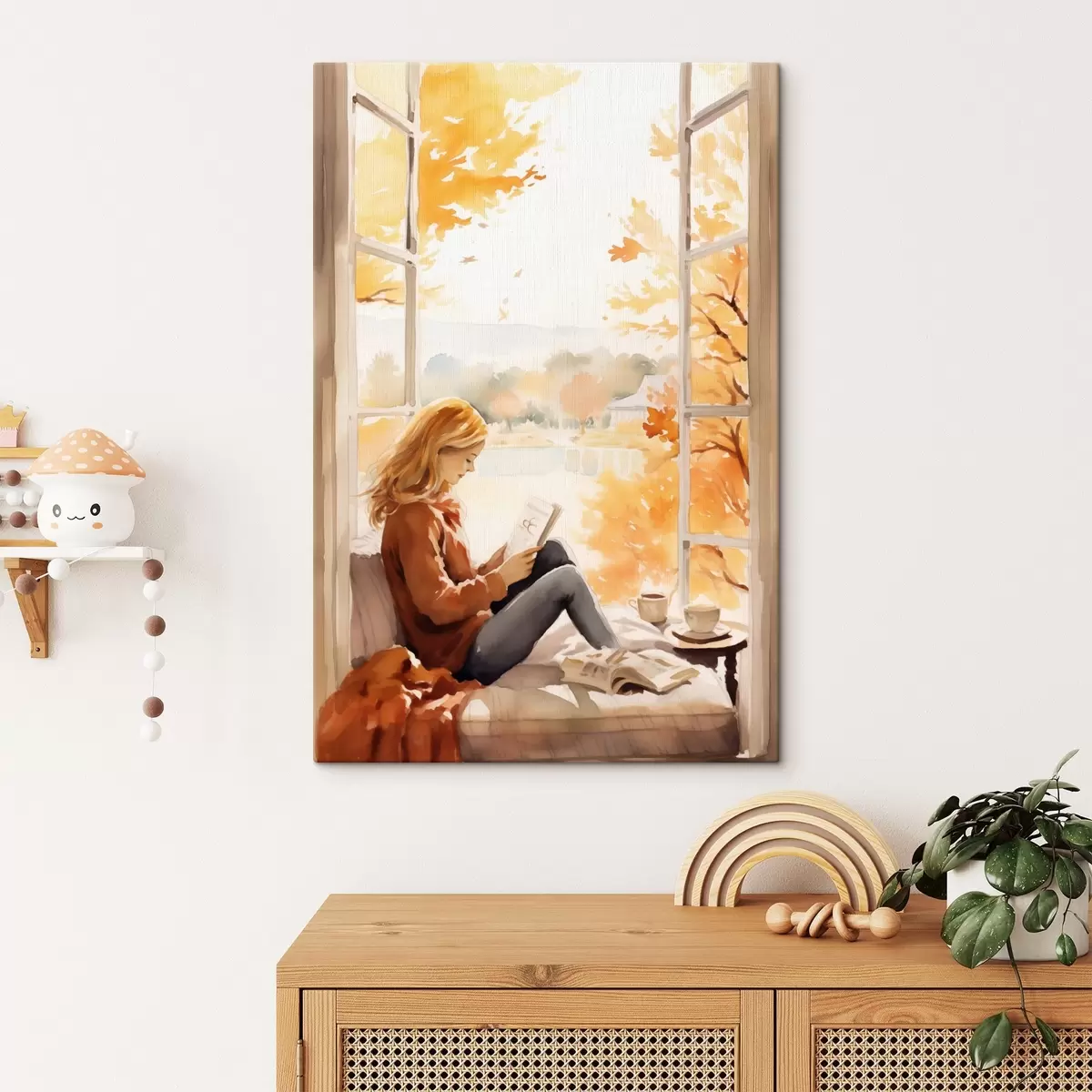 carta da parati Una ragazza legge un libro davanti a una finestra aperta in un paesaggio autunnale, con alberi chiari sullo sfondo e una tazza di tè accanto a lei. nr. s42572