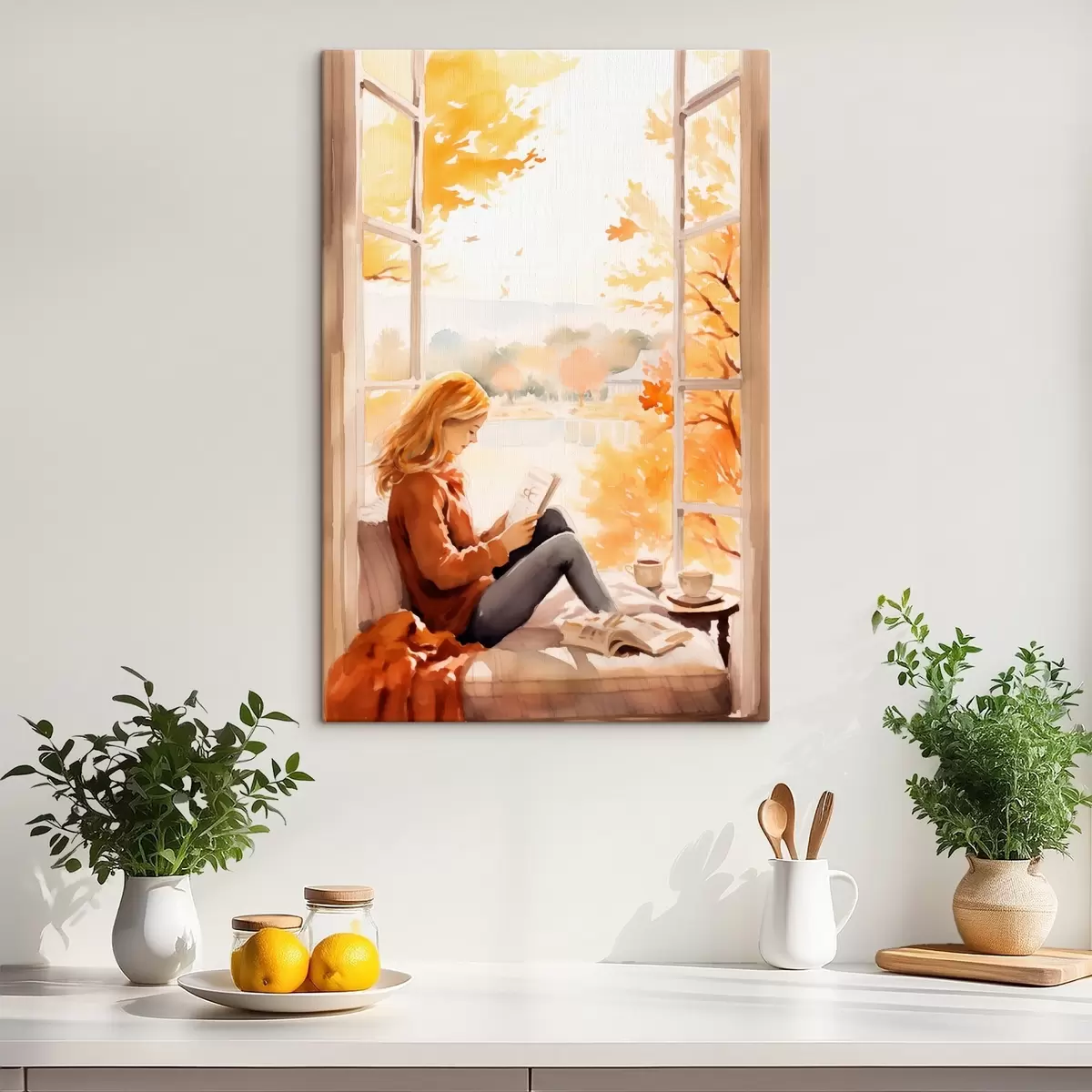 carta da parati Una ragazza legge un libro davanti a una finestra aperta in un paesaggio autunnale, con alberi chiari sullo sfondo e una tazza di tè accanto a lei. nr. s42572