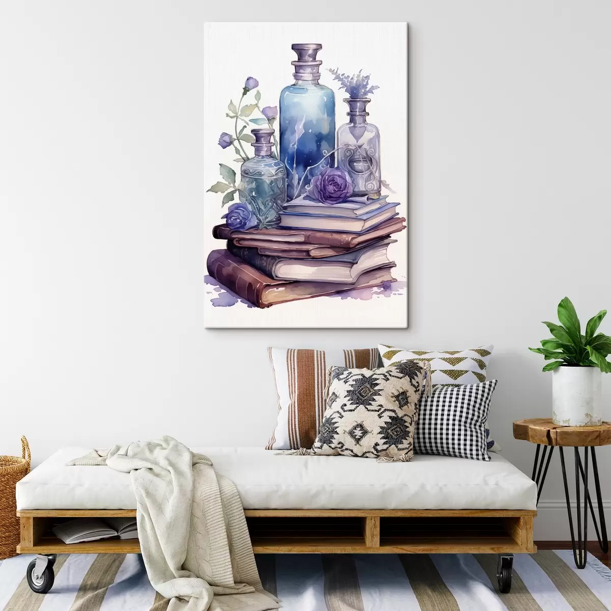 carta da parati Una natura morta con libri d'epoca, bottiglie di vetro nei toni del blu-violetto e fiori decorativi. nr. s42574