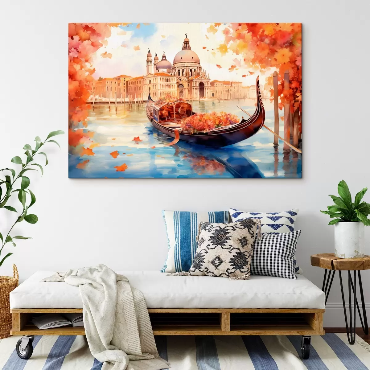 carta da parati Una veduta autunnale di Venezia con una gondola circondata da foglie arancioni e rosse, con i riflessi degli edifici nell'acqua calma del canale. nr. s42576