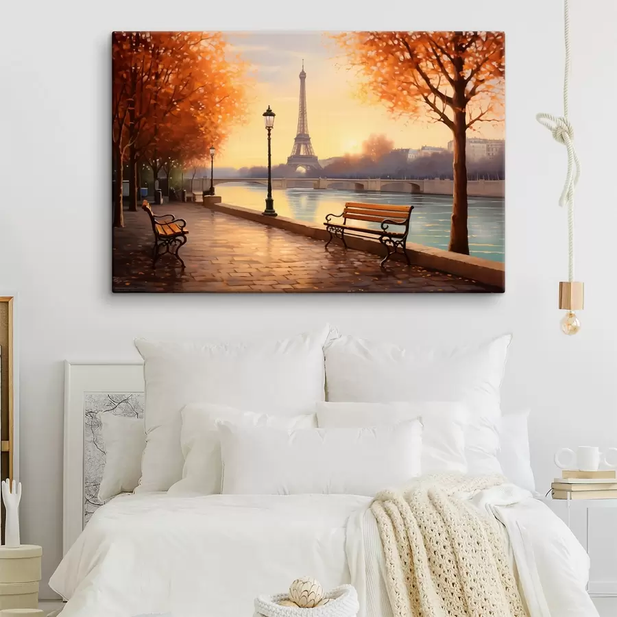 carta da parati Autunno a Parigi con vista sulla Torre Eiffel, l'argine della Senna ricoperto di foglie dorate, panchine e lampioni che aggiungono un'atmosfera romantica. nr. s42577